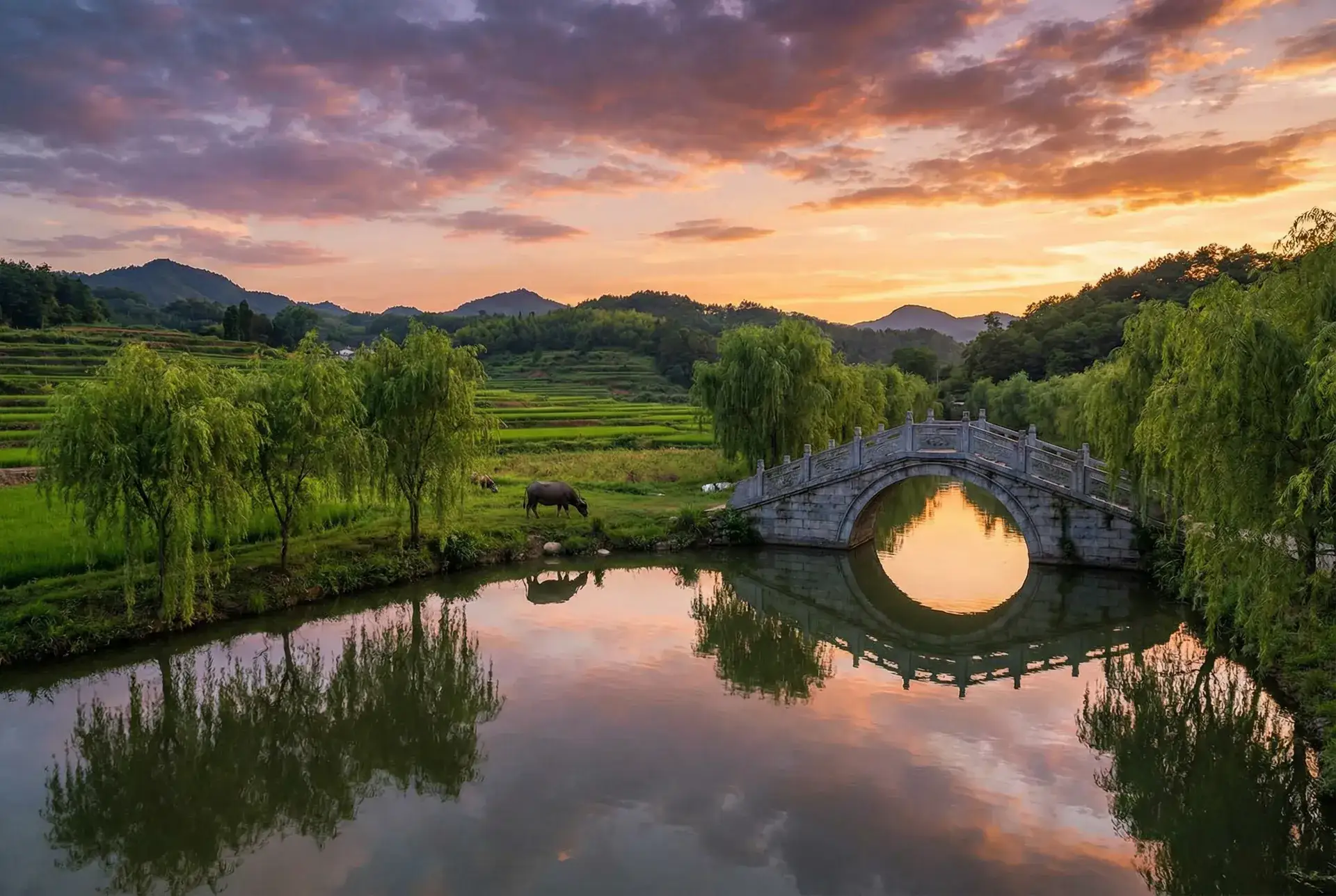 夕阳下的石拱桥与垂柳，水牛在河边吃草 - 小妺色播影院 乡村美景